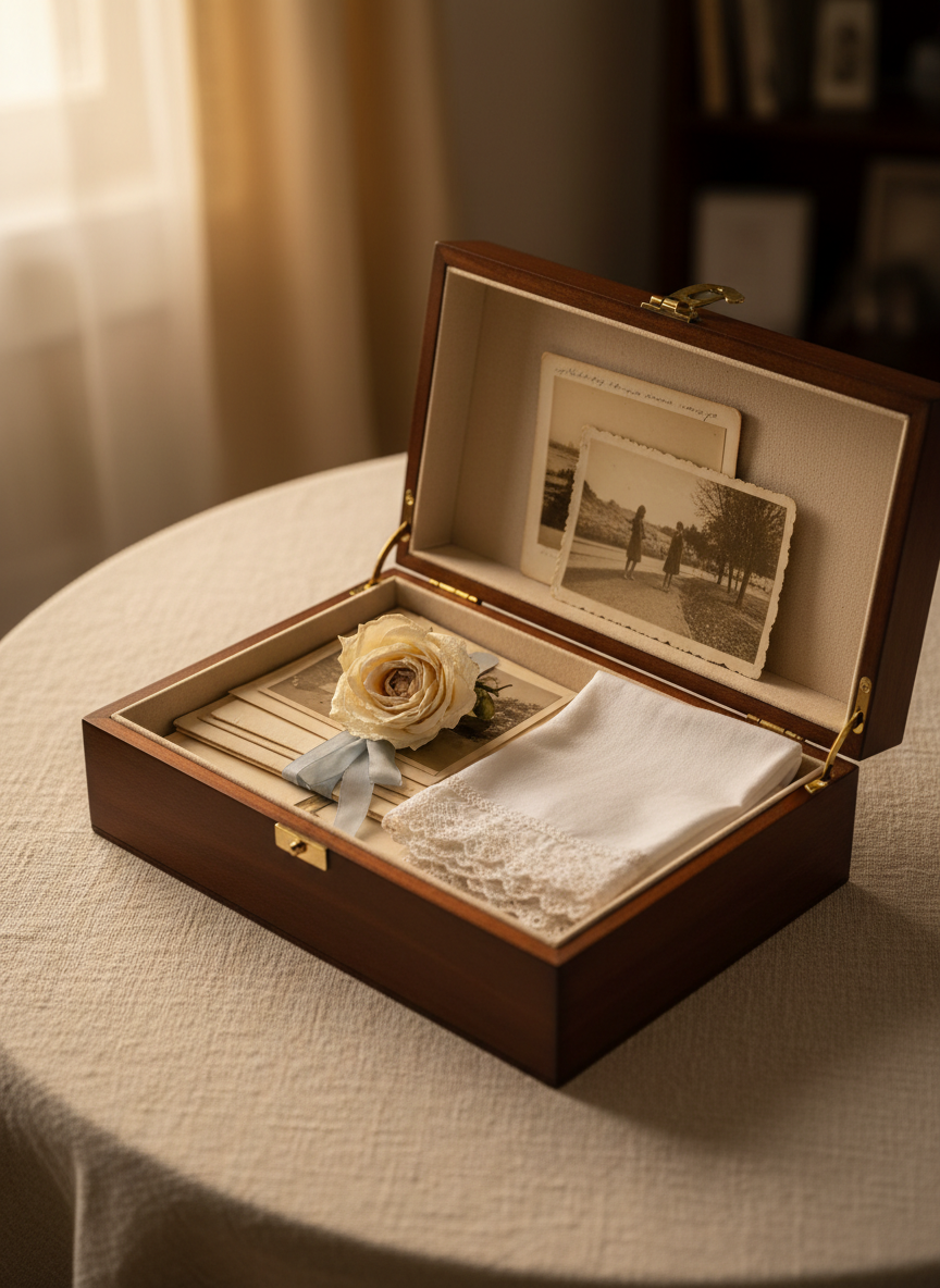 An elegant, archival-style family memory box displayed on a refined linen-covered table, its lid open to reveal carefully layered mementos: sepia-toned photographs with softly faded edges, a folded handkerchief with delicate lace trim, and a bundle of letters tied with a pale blue ribbon. All written details are too small to read, preserving privacy. A single pressed white rose rests on top, symbolizing remembrance. The scene is bathed in warm, diffused golden-hour light from an unseen window, creating gentle highlights on the paper textures and soft bokeh in the background. Photographed from a slightly elevated angle with a balanced, sophisticated composition, the atmosphere feels intimate, respectful, and nostalgic, ideal for illustrating a place to remember loved ones and their stories.